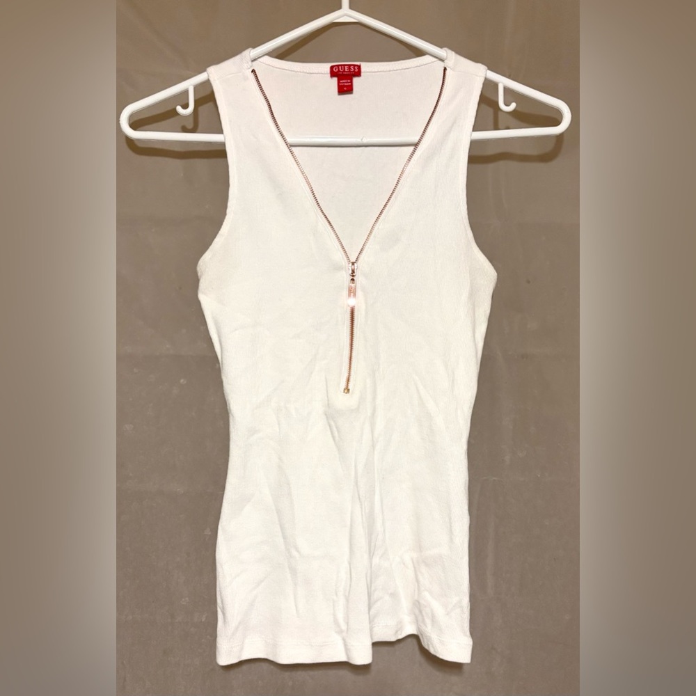 Guess White Sleeveless Top With Adjustable Zipper Down The Front-Size Small